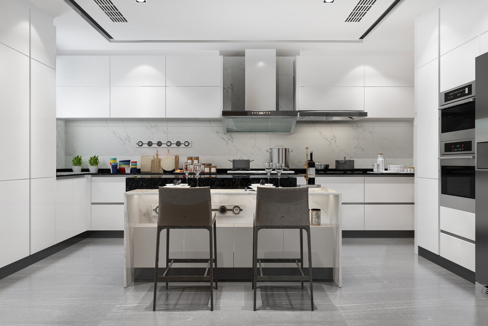 Home 3d rendering white minimal kitchen with wood decoration