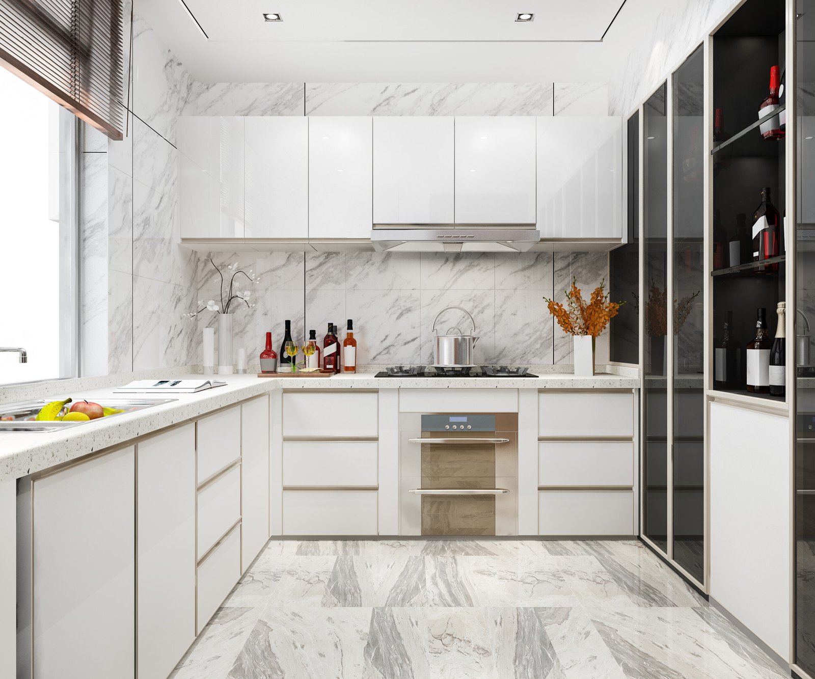 Home 3d rendering white minimal kitchen with wood decoration
