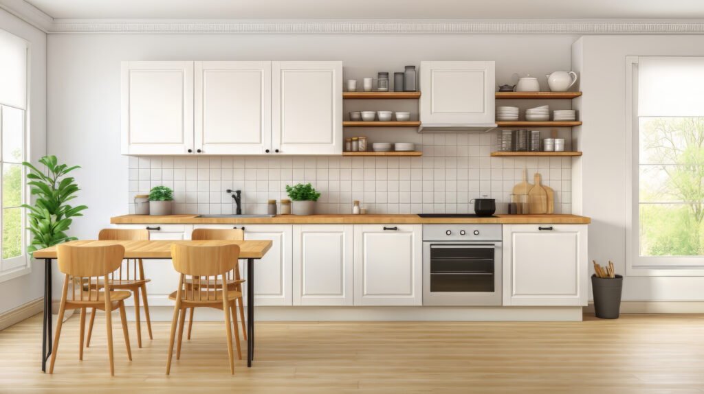 Home front view banner of a kitchen table in a fancy bright kitchen a white background object transparent c 99 ar 16:9 s 250 v 5.2